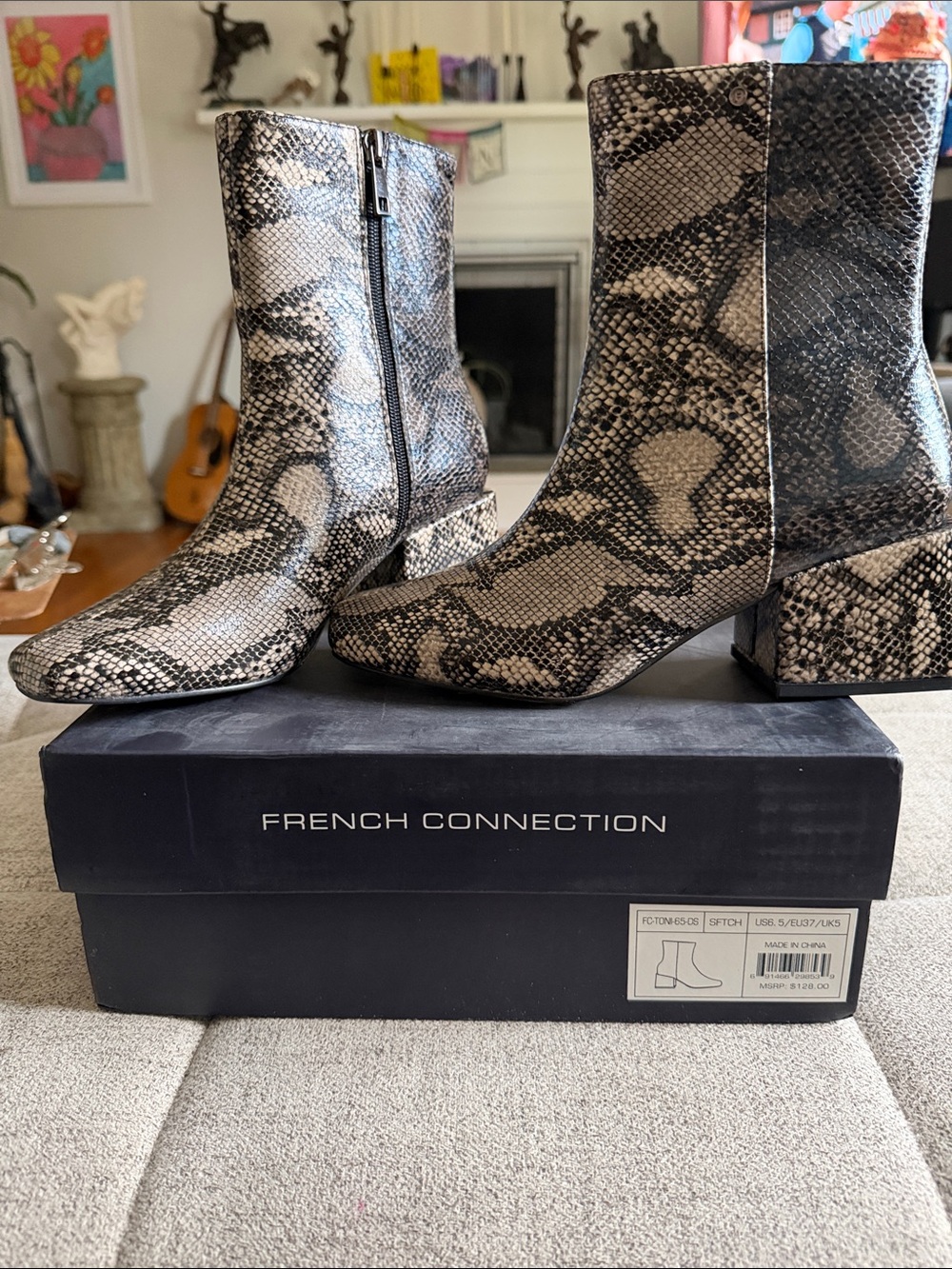French Connection Snake Print Ankle Booties Black Cream Block Heel NIB